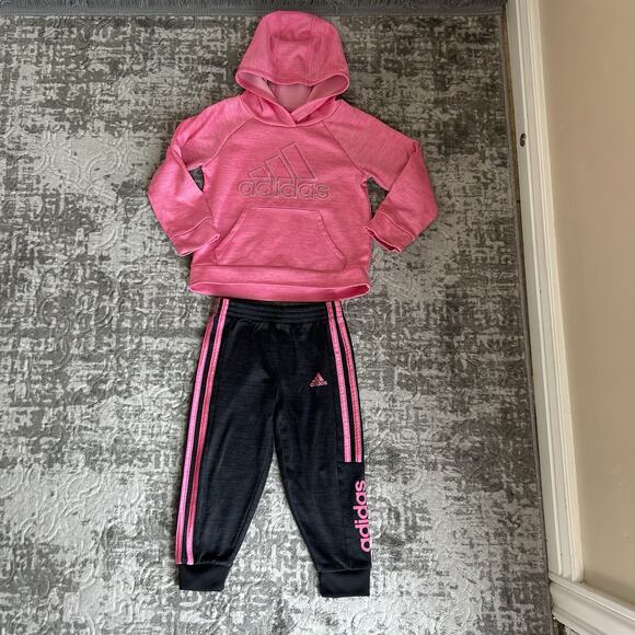 Adidas Girls Hoodie Pullover And Pants Athletic Set Pink & Dark Grey - Picture 1 of 14
